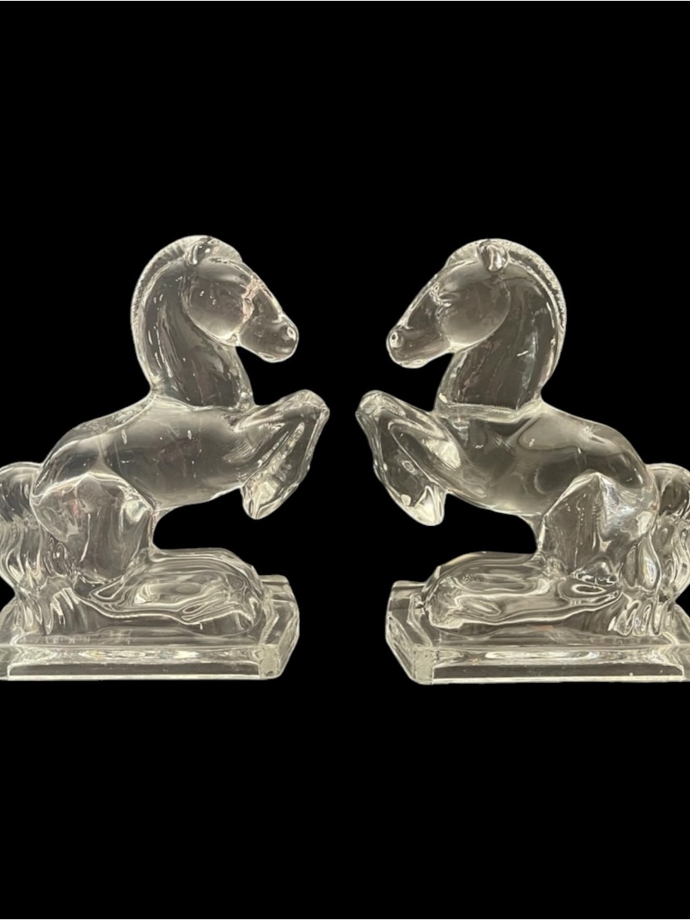 1940’s Fostoria Glass Rearing Horse Bookends, Clear Glass